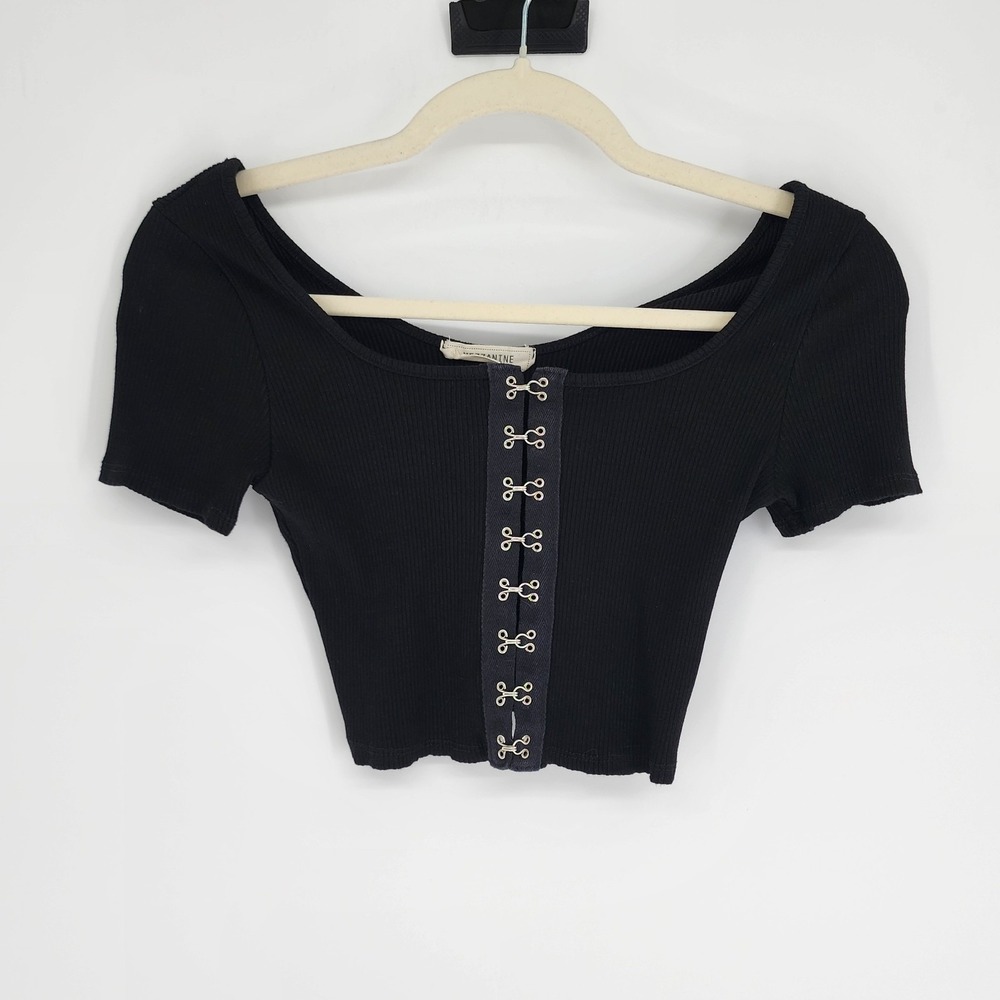 Mezzanine Womens Front Hook Cropped Top Small Y2K Twee Biker Gothic Ribbed Knit